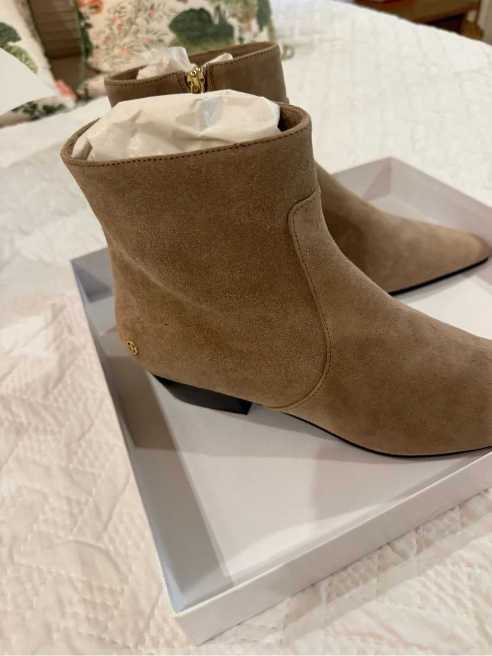 Anine Bing Taupe Suede Pointed Toe Ankle Boot with Gold Zip